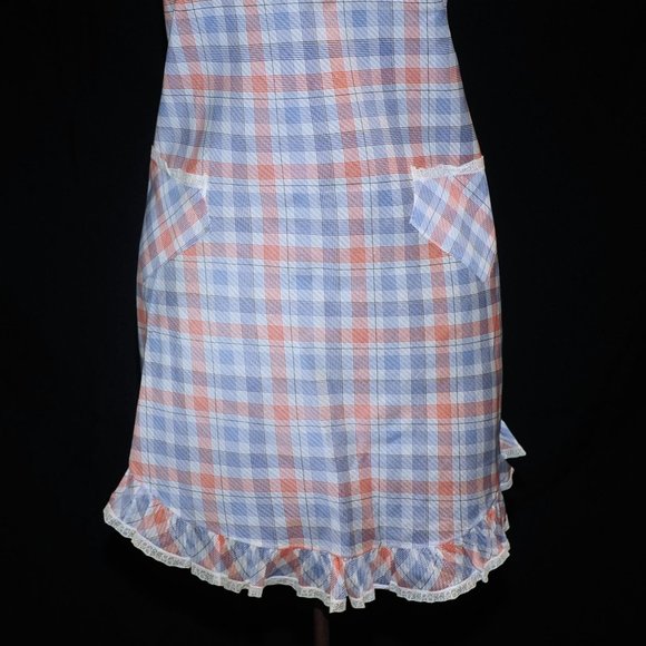 Vintage 70's Orange & Blue Plaid Check Full Bib Apron w/ Lace Criss Cross Back - Picture 4 of 11